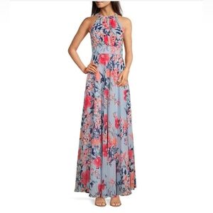 Eliza J Halter Neck Sleeveless Pleated A-Line Floral Print Maxi Dress